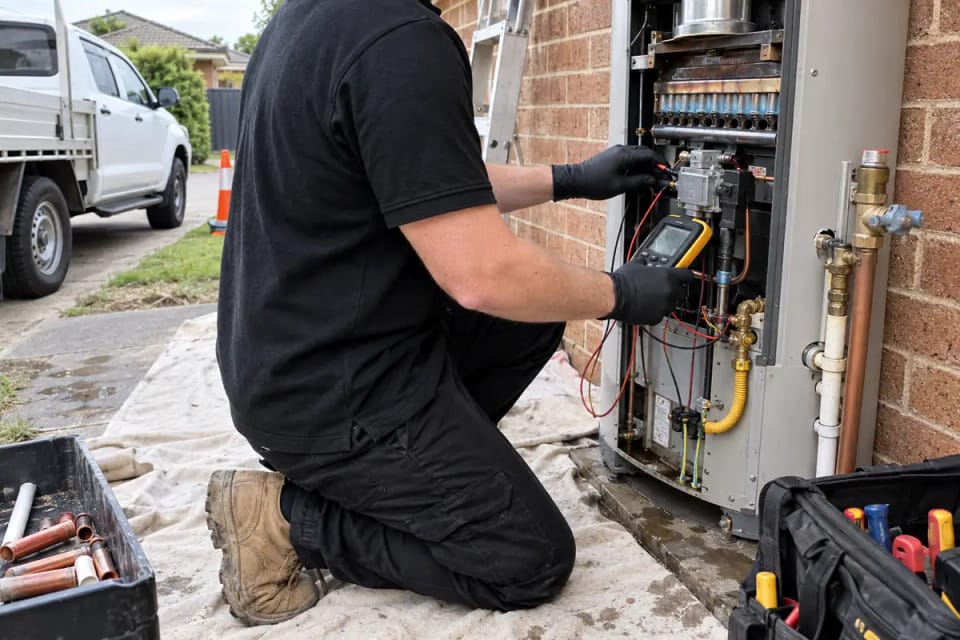 Illustration of a plumber at work on hot water systems: we test before we talk replacement.