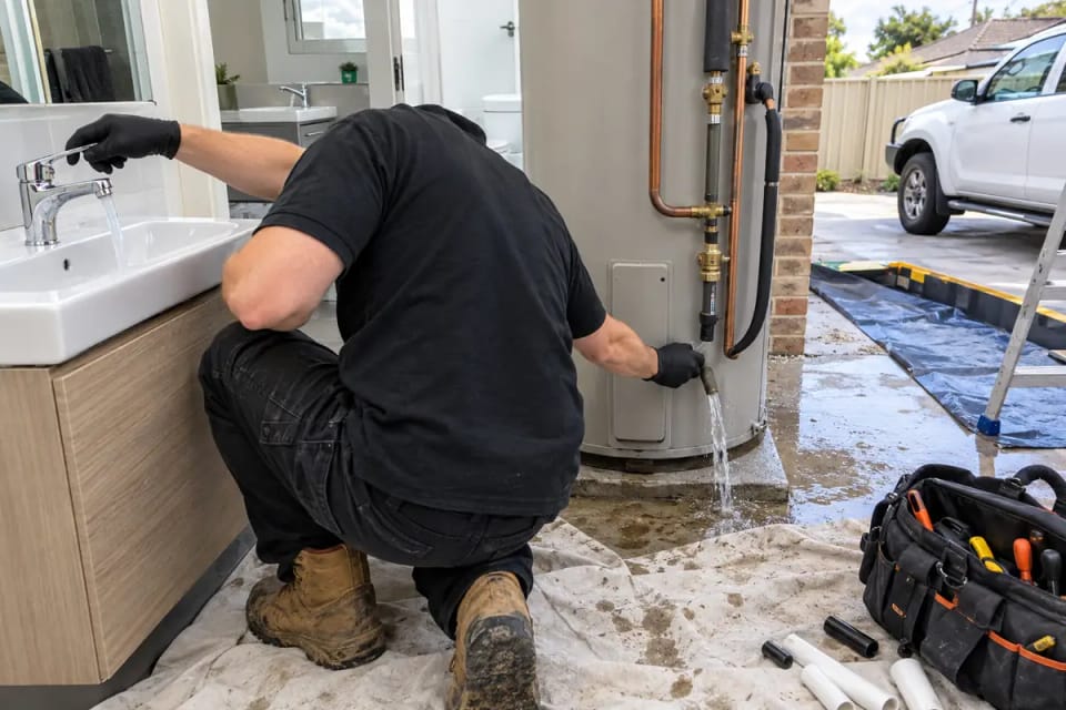 Illustration of a plumber at work on no hot water emergency: checked before we go.