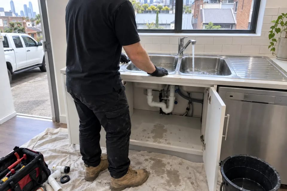 Illustration of a plumber at work on kitchen sink not draining: look before anything comes apart.