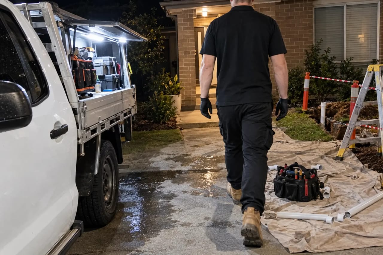 A plumbing ute parked outside a brick house at night, its work lights on, the plumber walking to the front door seen from behind.