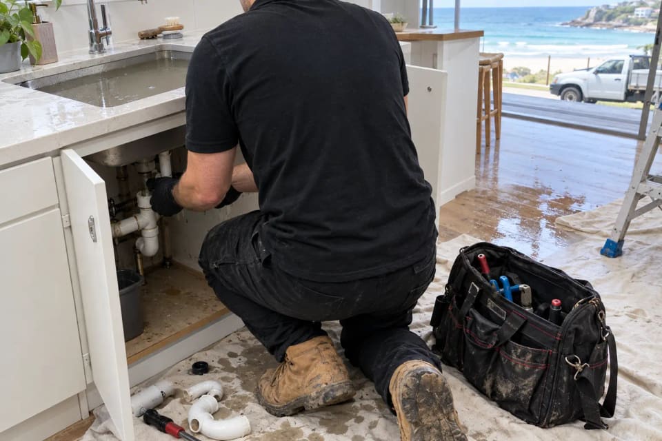Kitchen sink full of standing grey water with the under-sink cupboard open and a plumber's toolbag beside it, at a beach house in Cronulla.