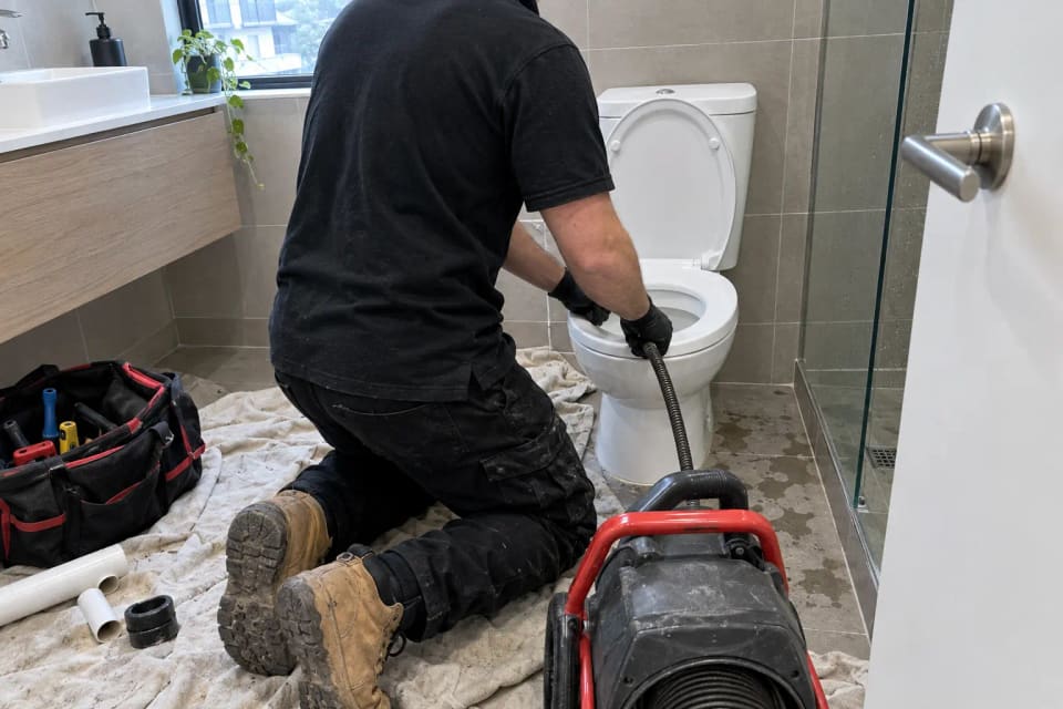 Plumber kneeling beside a white toilet with a toilet auger, seen from behind, tiled bathroom, at a townhouse in Parramatta.