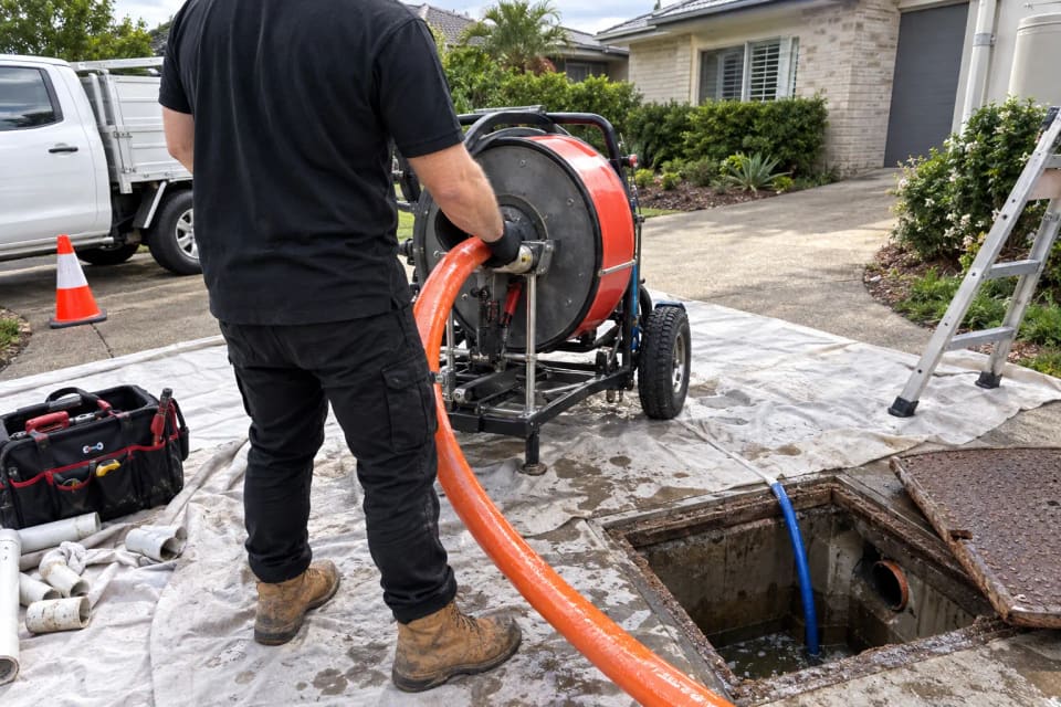 Relining inversion drum and liner hose set up beside an open inspection opening on a driveway, at a house in Campbelltown.