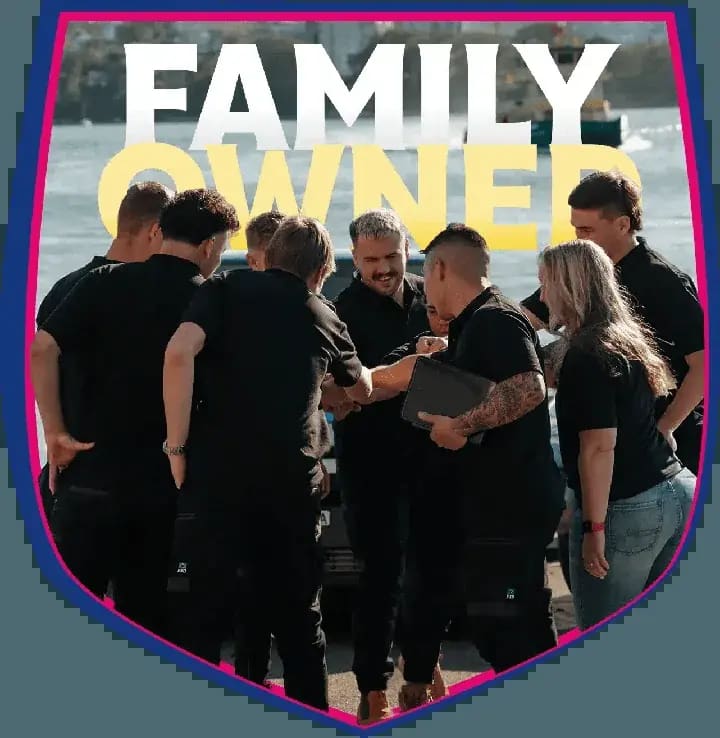The Champion family and crew, in the Family Owned crest.