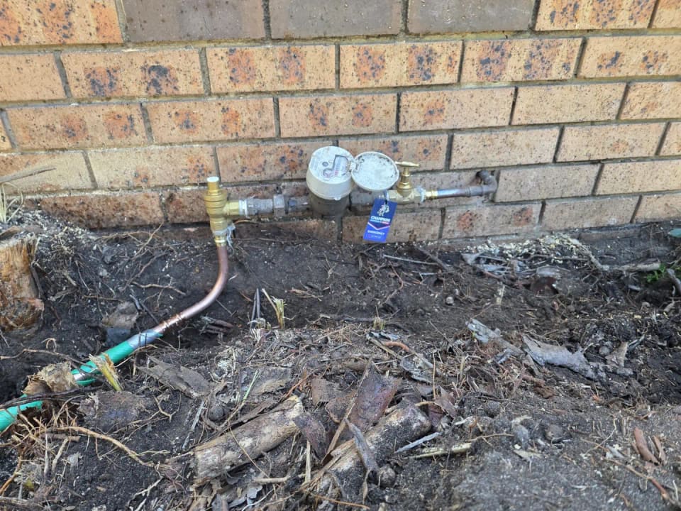 Water pipe repair · Botany — repaired meter pipework closeup