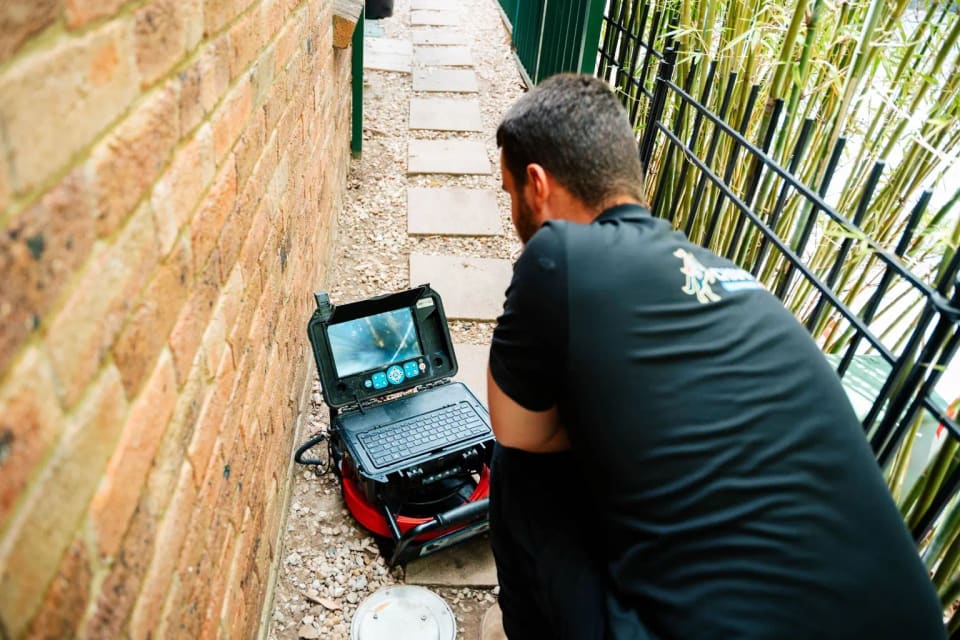 A Champion plumber watching the drain camera screen in a side passage.