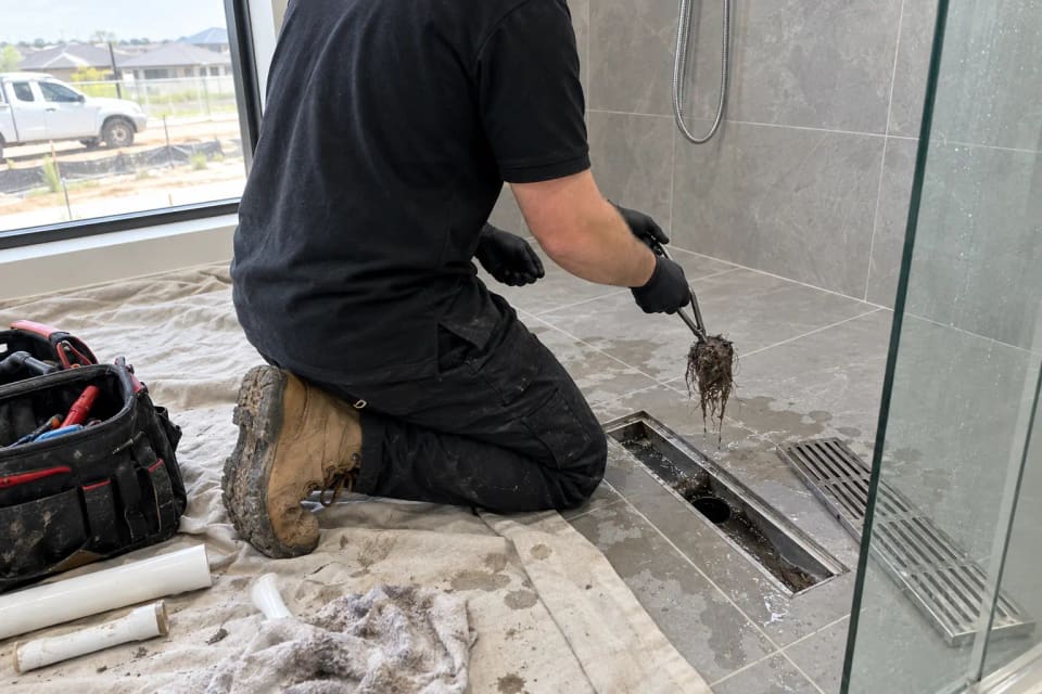 A shower floor grate removed with a clump of hair pulled out, gloved hand holding the drain tool, at a new-build house in Oran Park.